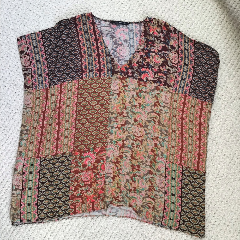 Zara Multicolor Patchwork V-Neck Poncho Blouse